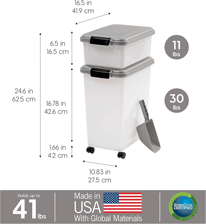 IRIS USA 30 lbs & 11 lbs Combo Airtight Dog Food Storage Container, Stackable Treat Box, 2-Cup Scoop, Wheels, Keep Fresh, Easy Mobility, Chrome