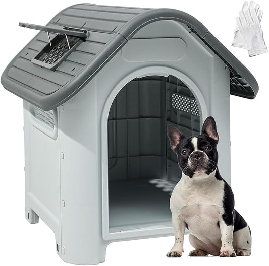 YITAHOME 30'' Large Dog House Outdoor Plastic Doghouse Water Resistant Pet House with Adjustable Skylight and Elevated Base for Small Dogs (30''L*23.3''W*26''H)