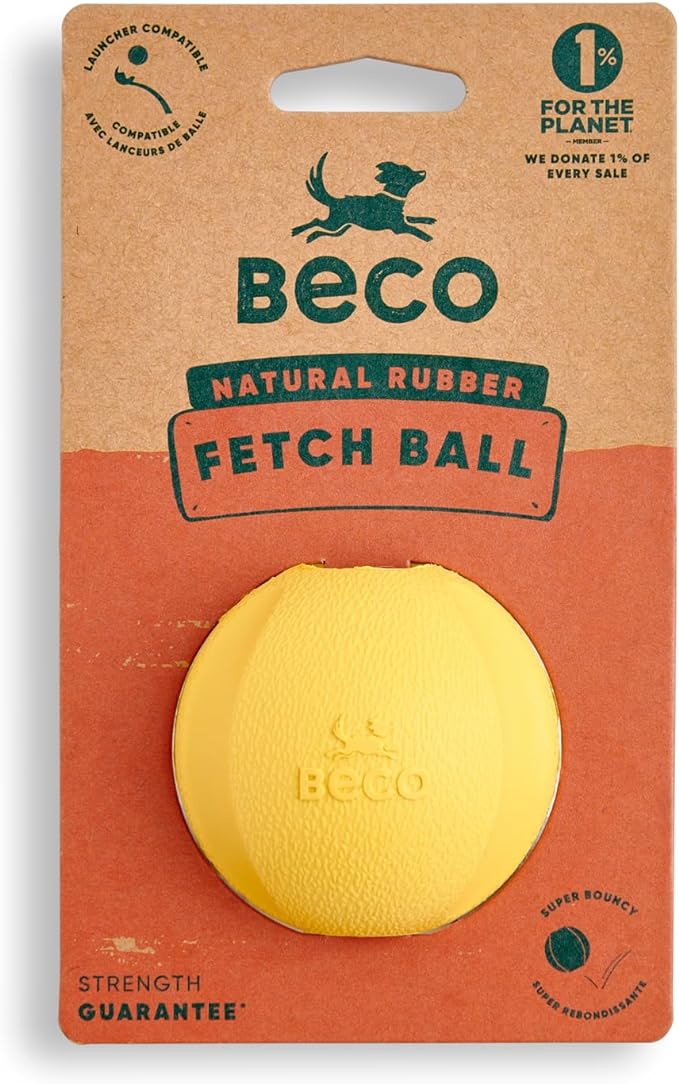 Beco Natural Rubber Outdoor Bouncy Play Ball for Dogs & Puppies, Fetch & Launcher Compatible, Bright Visible Yellow