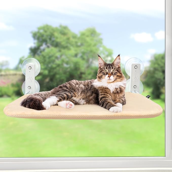 Sunhoo Cat Window Hammock Perch Cordless Perches Window Sill Seat Bed Foldable Stable Lounger Upgraded Suction Cup Easy Assembly Indoor Cats Kitty Shelf Hold Up to 55lbs (Beige, M)