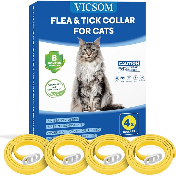 4 Pack Flea Collar for Cats, Cat Flea and Tick Collar 8 Months Prevention Cat Flea and Tick Treatment, Waterproof Adjustable Cat Flea Collar, Natural Anti Tick and Flea Collar for Kitten, Yellow