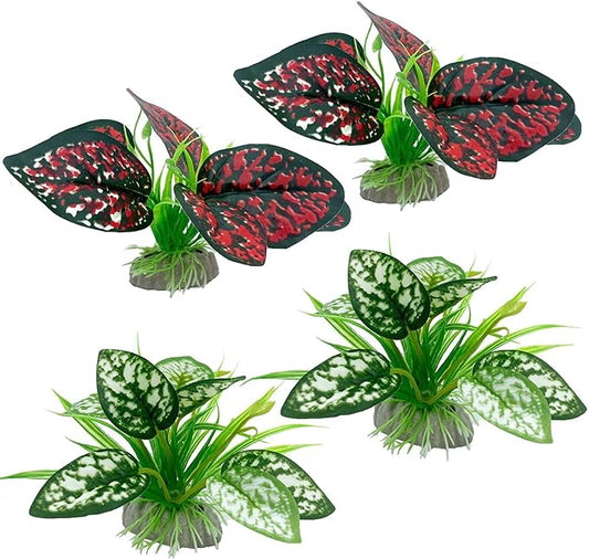 Reptile Artificial Plants, Terrarium Plants Decorations Supplies, Aquarium Fish Tank Plant, Amphibian Habitat Hideout Tank Accessories(S Set-4pcs/A)