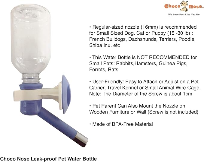 Choco Nose Patented Travel Crate No-Drip Water Bottle/Feeder and Detachable Food Dish Bowl Set for Dogs/Puppies/Cats/Rabbits and Other Small Sized Animals. 10.2 Oz. Nozzle 16mm, (C590 C607)