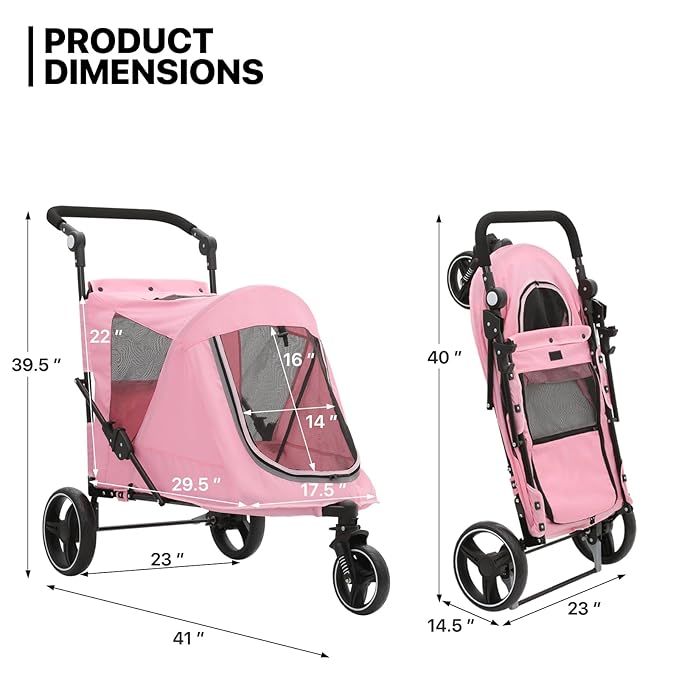 MoNiBloom Pet Stroller for Large Dogs or Multiple Dogs Cats with Adjustable Handle, 3-Wheels Dual Entry Portable Dog Carting Easy Folding Pet Wagon Double Dog Stroller up to 55 lbs, Pink