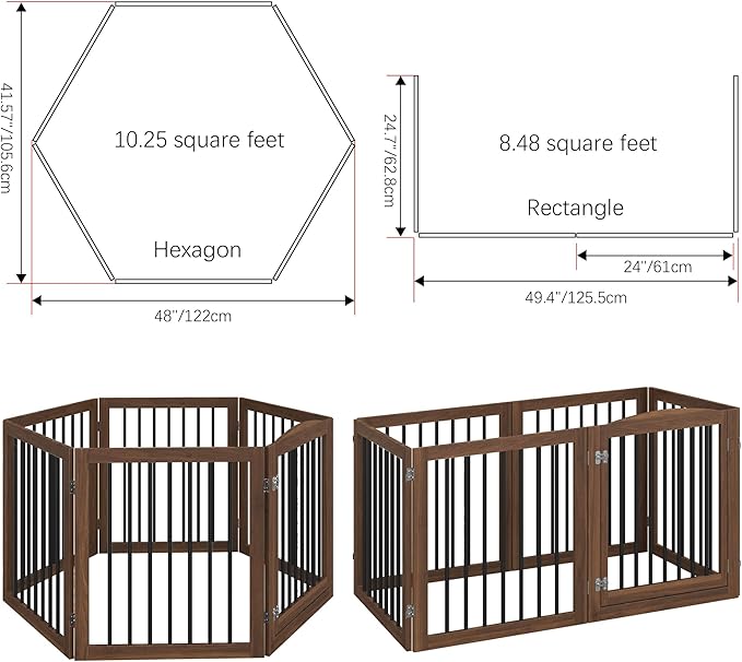 Folding Pet Gate 144" Wide, 30" Tall No-Assembly Wooden Dog Gate with Door Walk Through, Freestanding Pet Gate, Puppy Safety Fence, with 2PCS Support - Brown