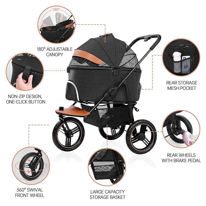 Dog Stroller for Medium Small Dogs, 3in1 Pet Stroller Zipperless Dog Cat Jogger Stroller 3 Wheels with Detachable Dog Carriage, Storage Basket and One-Button Folding Frame for Pets Walk-Black