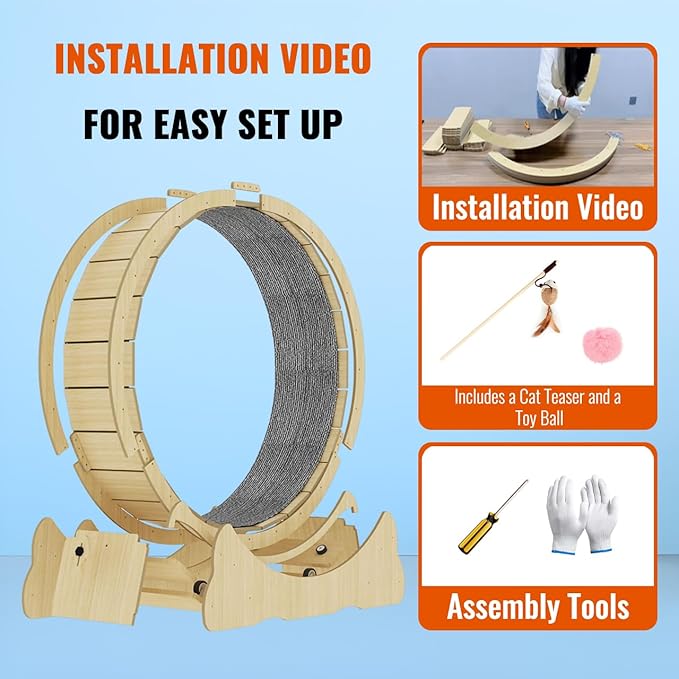 Cat Wheels for Indoor Cats. Extra Large Diameter Cat Treadmill. Made of Natural Solid Wood. Inside Diameter 40in/100cm. Including Installation Tools and Cat Teaser. (Pink)