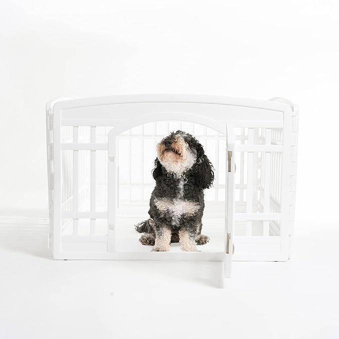 IRIS USA Dog Playpen, 4-Panel 24" Pet Playpen with Door, Puppy Playpen, Indoor/Outdoor Dog Pen, 35 x 35 x 24, Foldable, Customizable, White