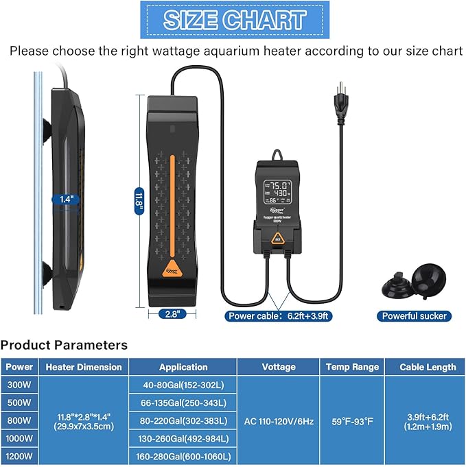 hygger Aquarium Heater 300W 500W 800W 1000W 1200W, Large Adjustable Fish Tank Heater with Intelligent Automatic Power-Off System, Water Heater with LED Digital Display, for Saltwater and Freshwater