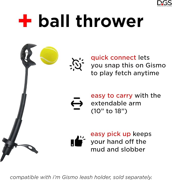 Dog Gone Smart Pet Products Gismo Ball Launcher for Dogs - Telescopic Ball Thrower with 100 Feet Range Plastic Toy - Ergonomic Design | No Slobber Pick-Up for Cleaner Fetch, Attaches to Leash Handle