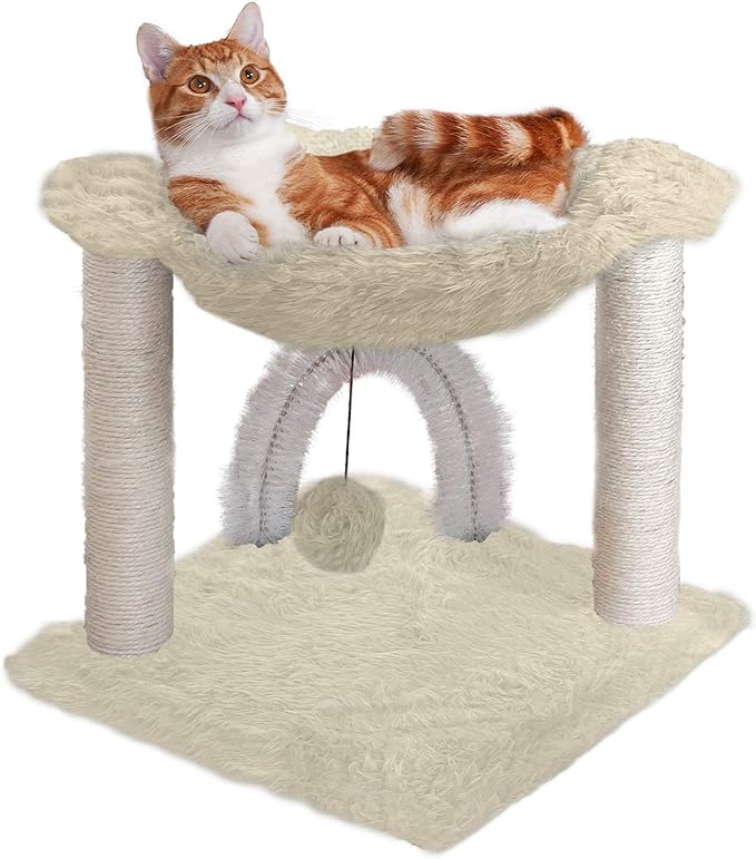 Furhaven 15.75" Tall Playground for Indoor Cats, Ft. Sisal Scratching Posts, Self-Grooming Brush, & Toy - Tiger Tough Hammock Interactive Playground - Cream, One Size