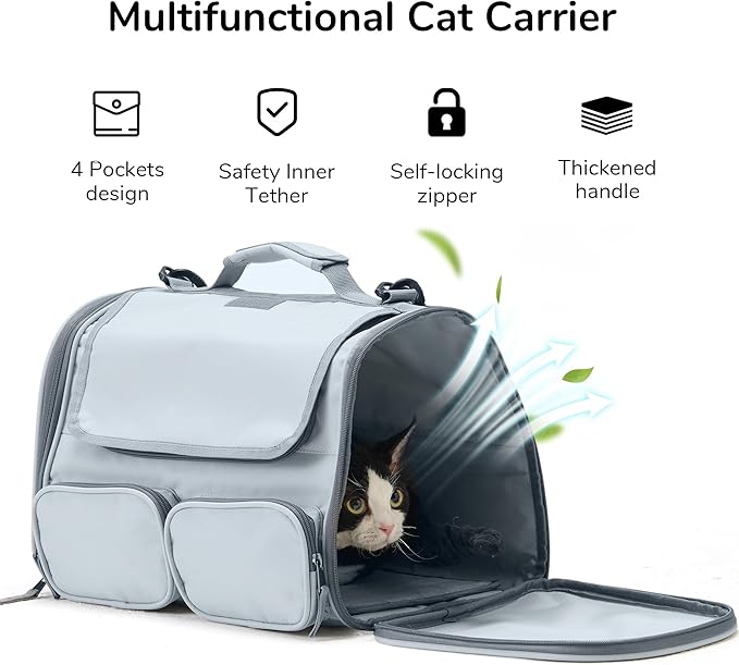 FUKUMARU Cat Carrier, Soft-Sided Pet Carriers for Small Dogs and Medium Cats Under 12lb, Airline Approved Travel Cat Bag with Double-sided Cushion and 4 Storage Bags, Portable and Washable，Grey S