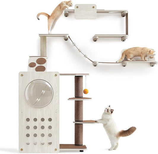 Feandrea Clickat Land - Cat Wall Furniture, Set of 7, Cat Tree, Cat Wall Shelves, Hammock, Stairs, Feeding Station, Extremely Quick Assembly, Unlimited Expandability, Replaceable Module and Parts