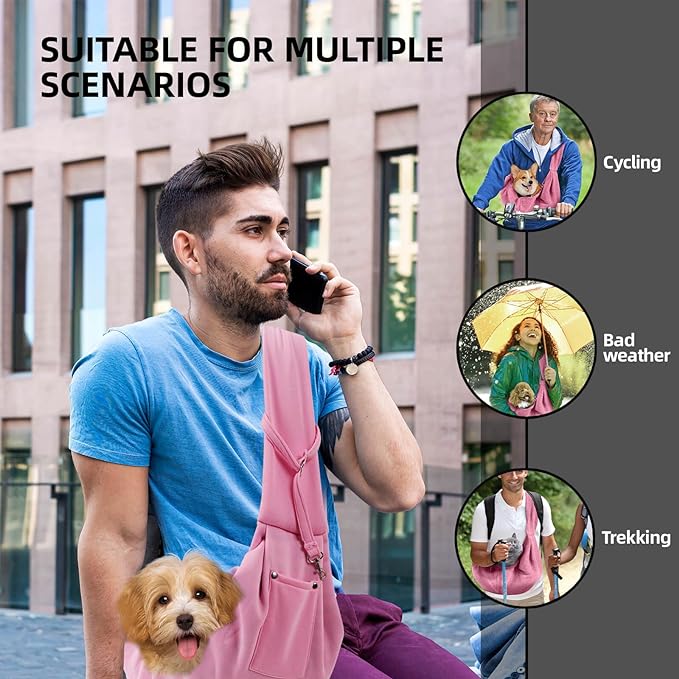 Dog Carrier Sling - Reversible Puppy Carrier Purse with Storage Pocket, Hand-Free Dog Sling Carrier for Carry Small Dogs and Cats，Travel Safety Harness, Dog and cat Harness (Pink)