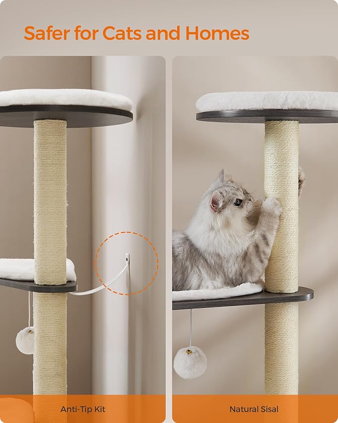 Feandrea WoodyWonders Cat Tree, 65-Inch Modern Cat Tower for Indoor Cats, Multi-Level Cat Condo with 5 Scratching Posts, Perch, Washable Removable Cushions, Cat Furniture, Misty Gray UPCT166G03