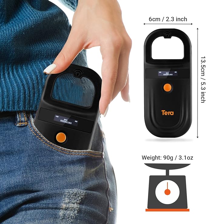 Tera Pet Microchip Reader Scanner with D-Ring RFID Portable Animal Chip ID Scanner with OLED Display Screen Rechargeable Data Storage Tag Scanner EMID FDX-B(ISO11784/85) for Dogs Cat Animal Management