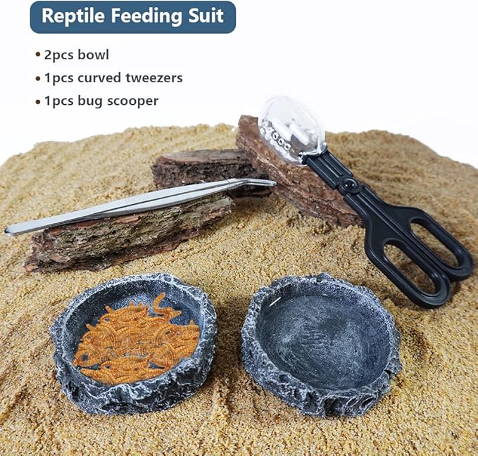 2 Pack Reptile Food Bowls, Imitating Rock Design Water Dish and Feeder Food Bowls with Tongs Bug Scooper for Leopard Gecko Snake Lizard Turtle Chameleon