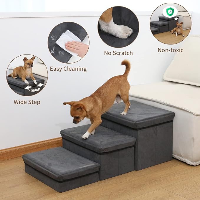 Foldable Dog Stairs/Steps 3-Tier Pet Steps Storage and Adjustable Steps for Small Medium Dogs Pet Steps Storage Stepper for High Beds Sofa Pet Dog Cat