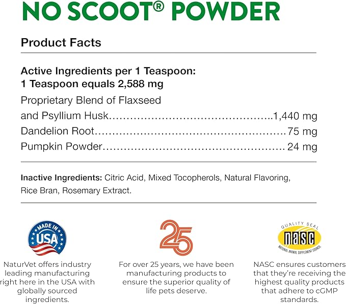 NaturVet - No Scoot for Dogs - Plus Pumpkin - Supports Healthy Anal Gland & Bowel Function - Enhanced with Beet Pulp & Psyllium Husk (5.4oz Powder)