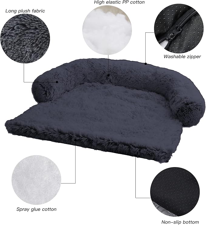 Calming Dog Bed Fluffy Plush Dog Mat for Furniture Protector with Removable Washable Cover for Large Medium Small Dogs and Cats (Medium(41x37x6), Dark Grey)