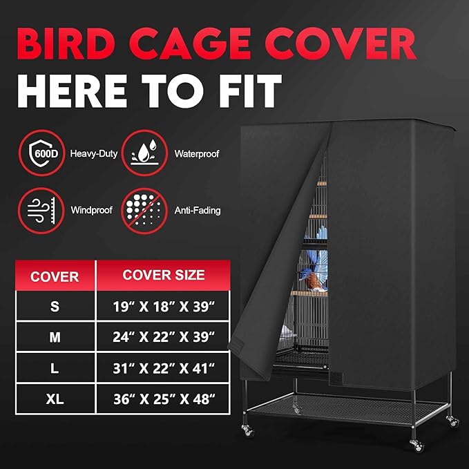 Bird Cage Cover - 600D Bird Cage Covers for Night Heavy Duty & Waterproof, Fade-Resistant Pet Bird Cage Cover Accessory for Parakeet, Parrot, Cockatiel and More Finches - 19 x 18 x 40 Inch