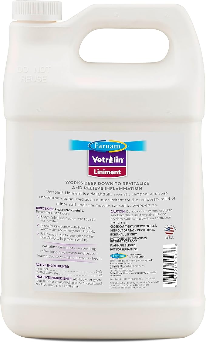 Farnam Vetrolin Horse Liniment for Muscle Soreness, Stiffness and Inflammation Relief on Horses, Helps Reduce Swelling 128 Ounces