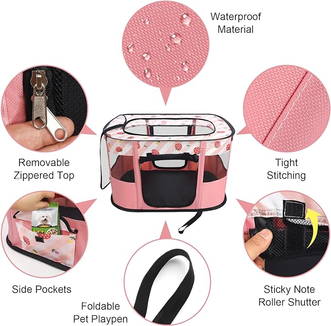 Portable Foldable Pet Playpen Collapsible Crates Kennel Playpen for Dog cat and Rabbit &Travel playpen Outdoor or Indoor (Small（27.6" L x 21.7" W x 17.7" H）, Pink)