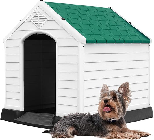 DWVO Robust Weatherproof Dog House, Indoor & Outdoor Safe Haven for Small to Medium Dogs, Easy Assembly & Cleaning (28.5''L*26''W*28''H, Green)