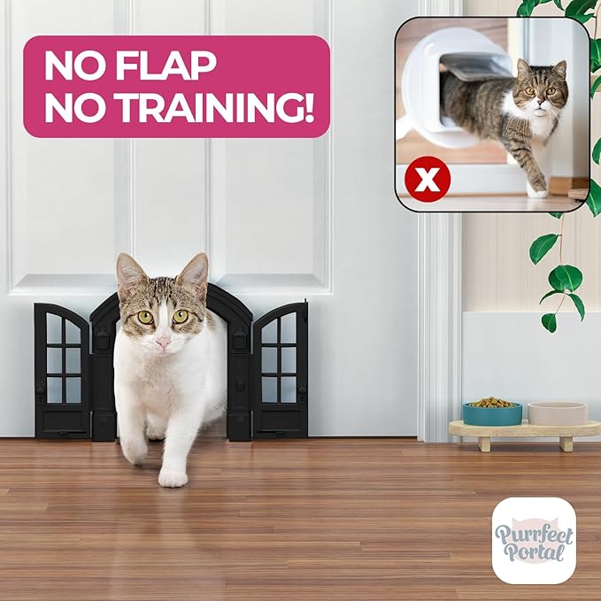 Purrfect Portal French Cat Door - Stylish No-Flap Cat Door Interior Door for Average-Sized Cats Up to 20 lbs, Easy DIY Setup, Secured Installation in Minutes, No Training Needed, 7.13 x 8.32”