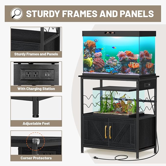 Snughome Aquarium Stand, Fish Tank Stand with Cabinet for Fish Tank Accessories Storage, Metal Fish Tank Stand 29.92" x 16.53" x 32.87", Black