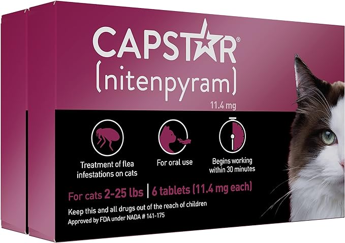 CAPSTAR (nitenpyram) Oral Flea Treatment for Cats, Fast Acting Tablets Start Killing Fleas in 30 Minutes, Cats 2-25 lbs, 12 Doses