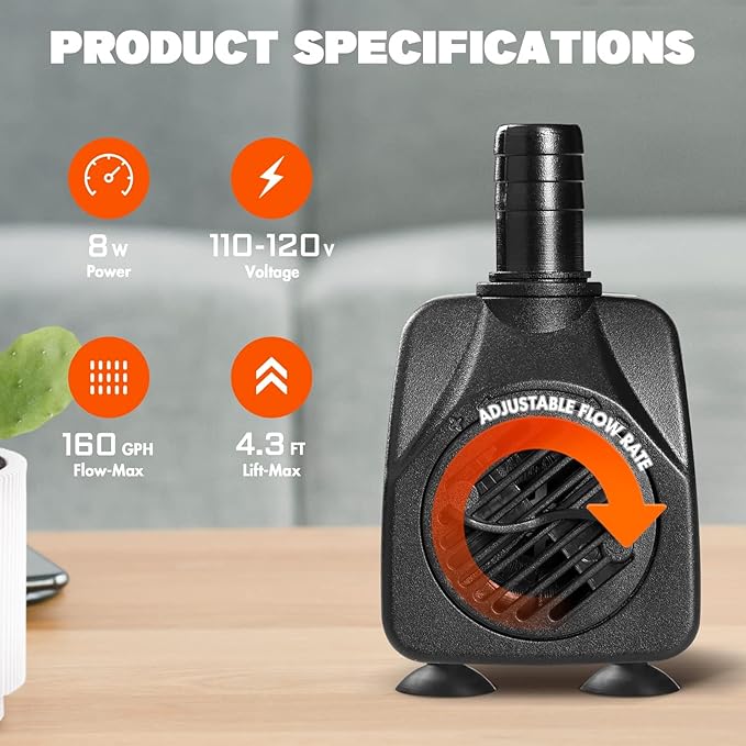 Simple Deluxe 160GPH Submersible Water Pump (600L/H, 8W) with Adjustable Intake, 4.3ft High Lift, 2 Nozzles, Perfect for Fish Tank, Pond, Aquarium, Hydroponics