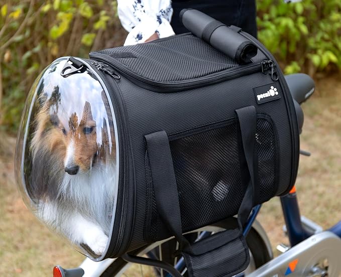 Pecute Dog Basket for Bike, Dog Bike Basket for Small Dog Cat Puppies, Pet Basket for Bike Riding, Multiple Storage Pockets Removable Sun Shield, Pet Carrier with Shoulder Strap