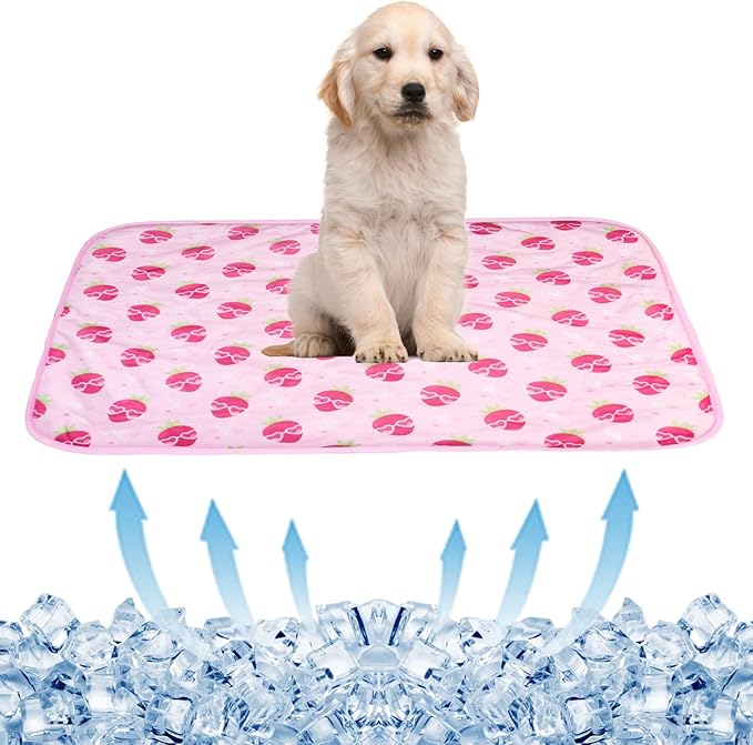 BAMY Cat Cooling Mat Summer Dog Silk Pad Self Cooling Cushion Washable Kitten Ice Blanket with Duck Strawberry Pattern (Pink Strawberry, M (27.6"x19.7"))