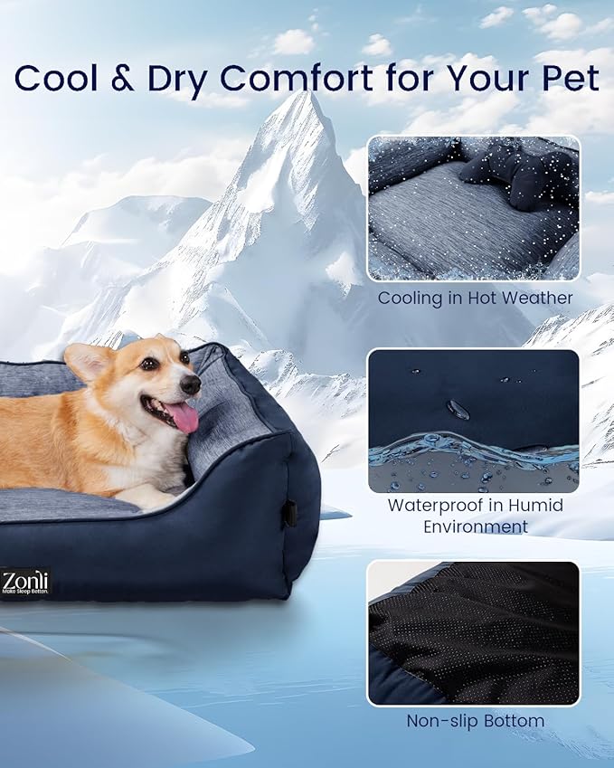 ZonLi Cooling Dog Bed, Dog Bed for Medium Dogs, Dog Cooling Bed with Bolsters Waterproof, for Dogs Up to 30 lbs, Pet Bed with Washable Cover, Non-Slip Bottom, without Gel, Oceanic Navy