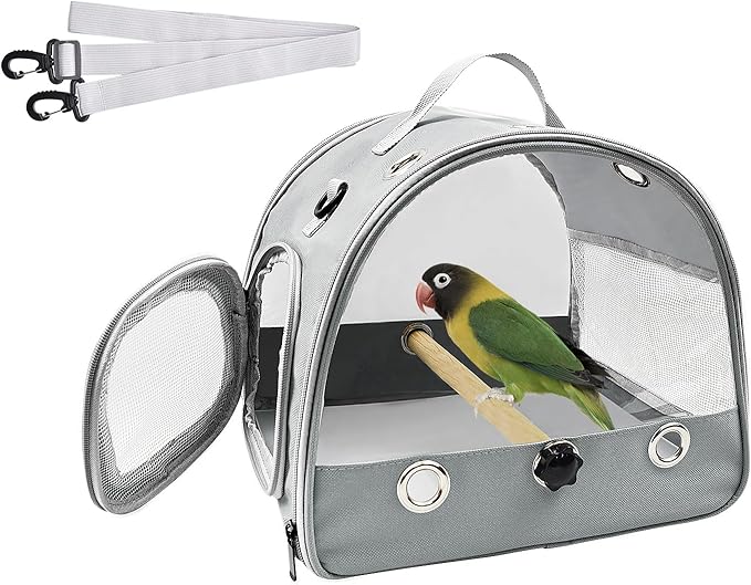 Bird Travel Carrier with Standing Perch,Lightweight Breathable Parrot Cage, Small Pet Carrier Bag with Shoulder Strap,Bird Rat Guinea Pig Squirrel Carrier (Grey)