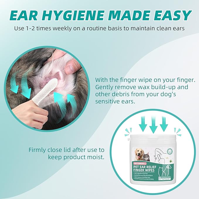 Dog Ear Cleaner Finger Wipes - Cat Ear Cleaner Wipes Grooming Pet Supplies Reduce Dirt Wax, Debris Soothes & Deodorizes, Fresh Coconut Scent 50 Counts