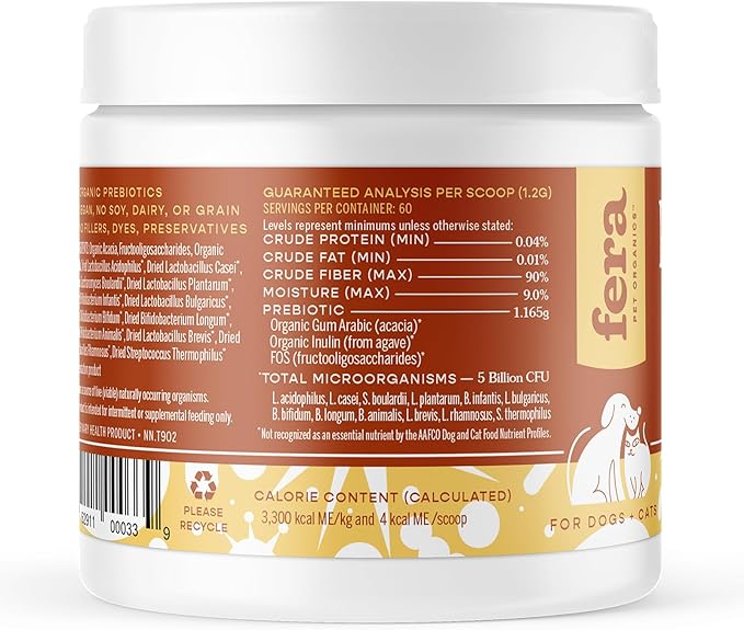Fera Pets Organic Probiotics for Dogs & Cats - Vet Created - Cat & Dog Probiotic Supplement - 12 Strains & Prebiotics for Pet’s Digestion - 60 Scoops