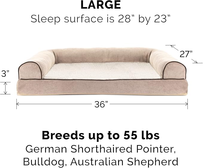 Furhaven Orthopedic Dog Bed for Large/Medium Dogs w/ Removable Bolsters & Washable Cover, For Dogs Up to 55 lbs - Sherpa & Chenille Sofa - Cream, Large