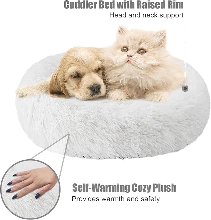 Aurako Cat Bed Dog Bed Round Cushion Pet Bed Mat Ultra Soft Plush Donut Sofa Comfortable Pillow Machine Washable Pet Cuddle Beds for Kitten Small Medium Large Dogs Cats 20" Milky White