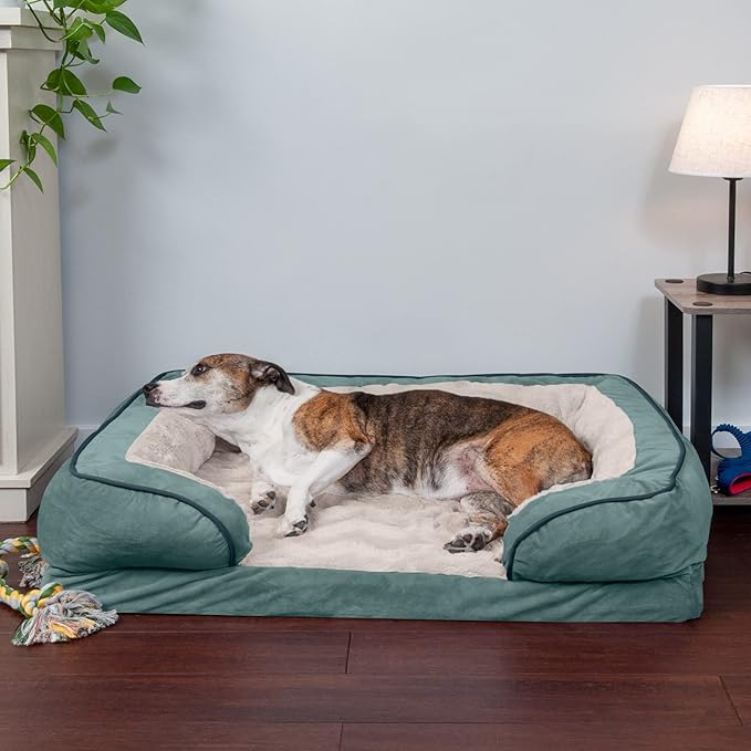 Furhaven Orthopedic Dog Bed for Large/Medium Dogs w/ Removable Bolsters & Washable Cover, For Dogs Up to 55 lbs - Plush & Velvet Waves Perfect Comfort Sofa - Celadon Green, Large