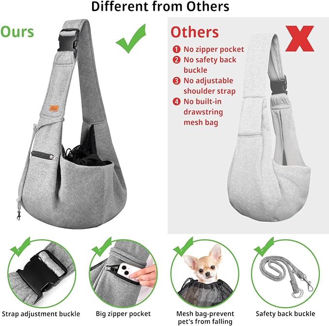 CUBY Dog and Cat Sling Carrier - Small Dog Carrier Sling with Adjust Strap & Zip Pocket, Hands Free Soft Dog Slings for Small Dogs Cats Puppy Pets Outdoor Travel Safety Purse Bag (Silver Grey)