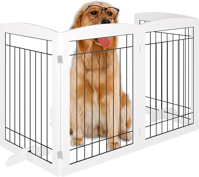 Folding Pet Gate 96" Wide, 30" Tall No-Assembly Wooden Dog Gate, Freestanding Wire Pet Gate, Pet Puppy Safety Fence, with 2PCS Support - White 2