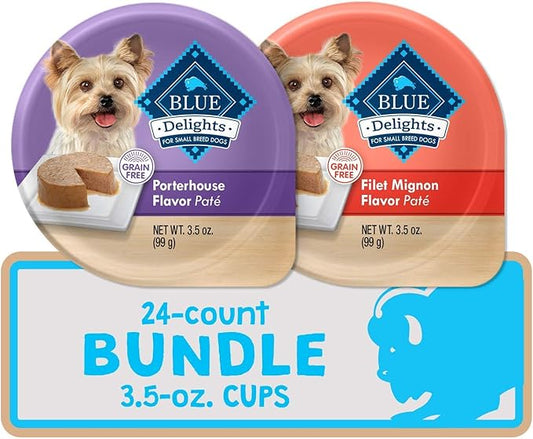 Blue Buffalo Delights Natural Adult Small Breed Wet Dog Food Cups, Pate Style, Porterhouse & Filet Mignon 3.5-oz (24 Count - 12 of Each Flavor)