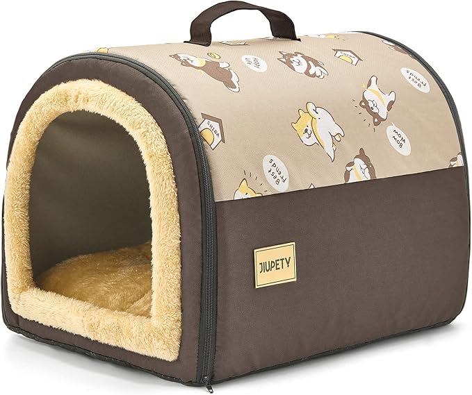 Jiupety Cozy Small Dog House, 2 in 1 Pet Dog House, M Size House for Cat and Small Dog, Portable House for Small Dogs, Brown