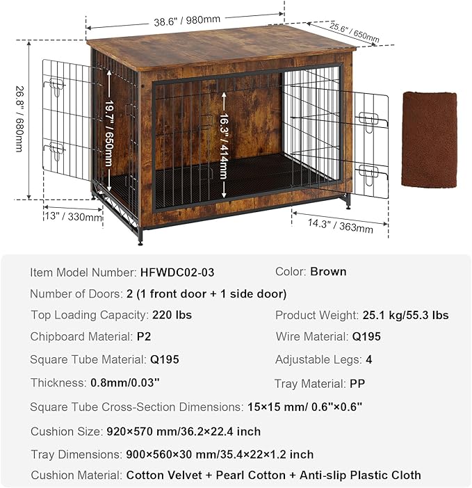 VEVOR Dog Crate Furniture, 38 inch Wooden Dog Crate with Double Doors, Heavy-Duty Dog Cage End Table with Multi-Purpose Removable Tray, Modern Dog Kennel Indoor for Dogs up to 70lb, Rustic Brown