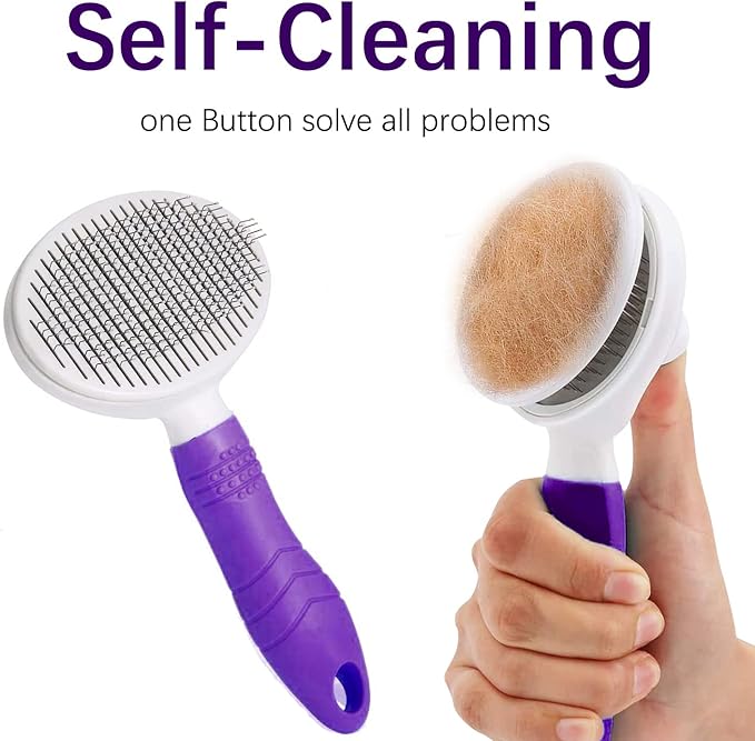 Cat Grooming Brush, Self Cleaning Slicker Brushes for Dogs Cats Pet Grooming Brush Tool Gently Removes Loose Undercoat, Mats Tangled Hair Slicker Brush for Pet Massage-Self Cleaning Upgraded (PURPLE)