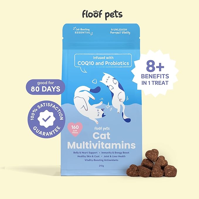 8 in 1 Cat Multivitamin Treats - 160 Chews - Vitamin Supplement Treats with Probiotics for Comprehensive Feline Health - Formulated with Alaskan Salmon Oil, Glucosamine, and CoQ10