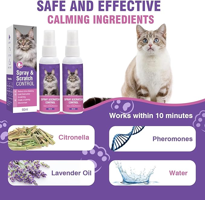 Cat Calming Spray 2Pack Cat Pheromone Spray - Quickly Relieve Stress Reduces Scratching Furniture Peeing Helps Relieve Scratching Marking Anxiety Supports Relief for Fireworks,Travel,Vet Visits 120ml