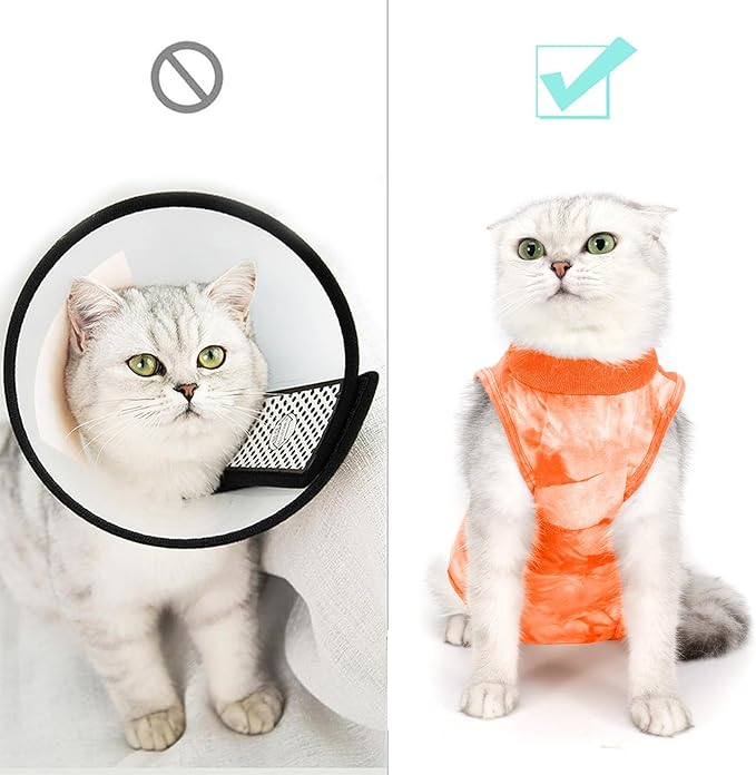 Cat Recovery Suit for Male and Female Surgical Post Surgery Soft Cone Onesie Tie Dye Cats Shirt Clothes Neuter Licking Protective Diapers Outfit Cover Kitten Spay Collar Alternative(Orange, L)